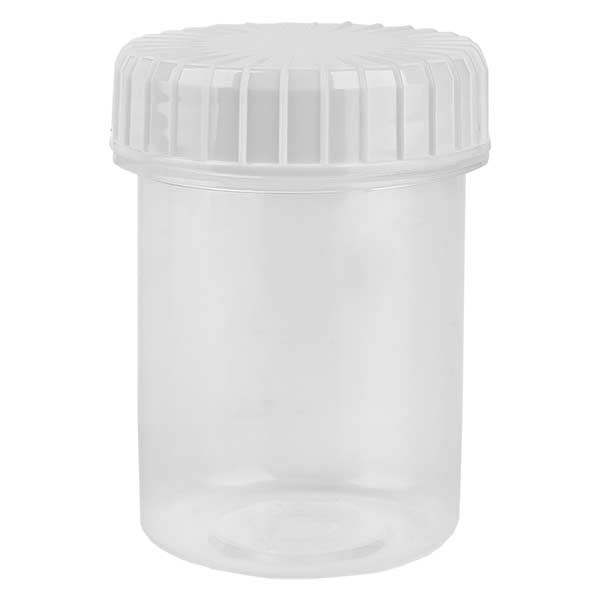 Bote de plástico, 40 ml, transparente, con tapa de rosca blanca estriada de PE, tipo de cierre estándar