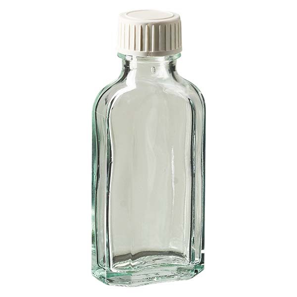 Botella meplat blanca de 50 ml con boca DIN 22, con cierre blanco de PP con inserto de espuma de PE