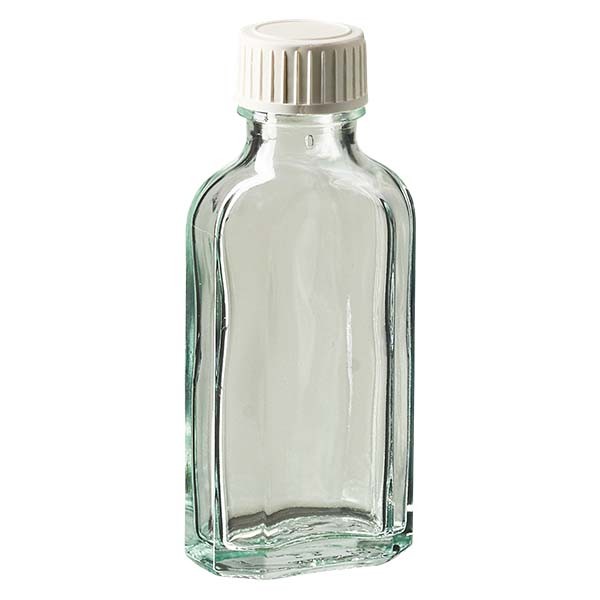 Botella meplat blanca de 50 ml con boca DIN 22, con cierre blanco de PP con inserto de espuma de PE