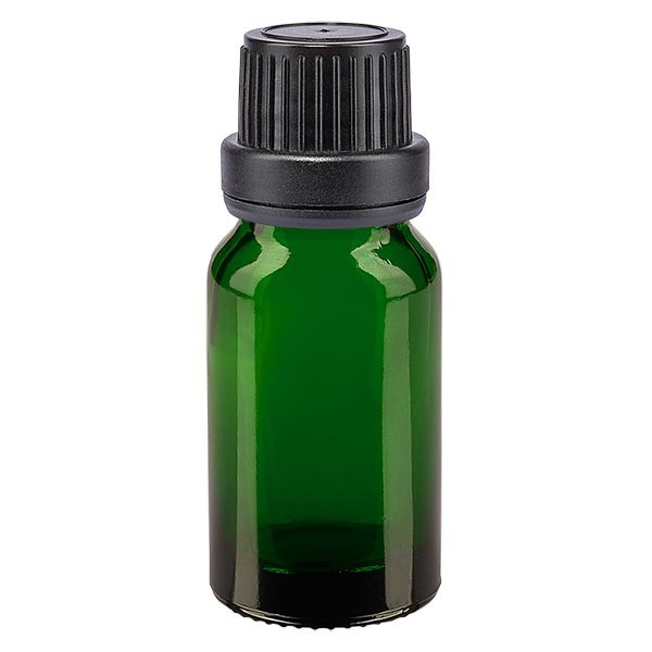 Frasco de farmacia verde, 10 ml, tapón cuentagotas premium negro, 2 mm, con precinto de originalidad