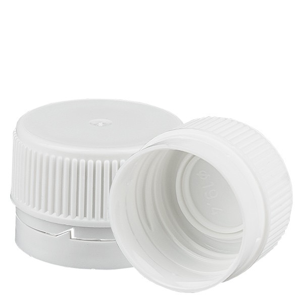 Tapón de rosca blanco, 28 mm con precinto de originalidad (para frascos de medicina según norma europea)