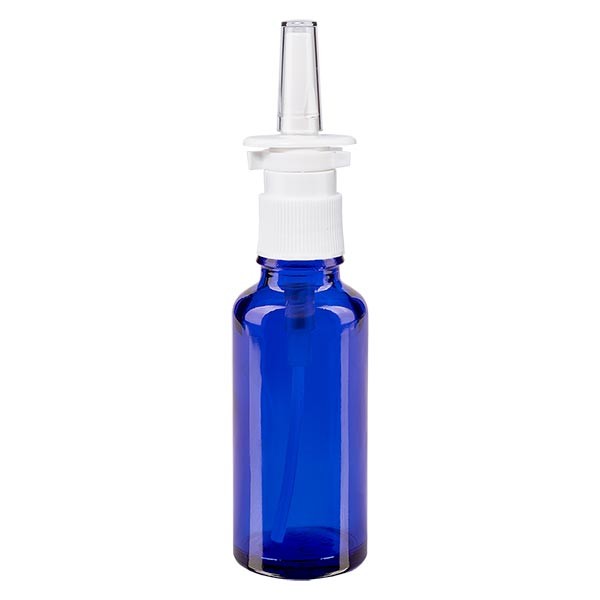 Frasco de vidrio azul de 30 ml con espray nasal blanco