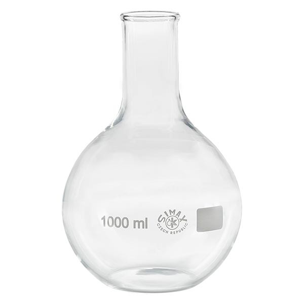 Matraz con fondo plano de 1000 ml de cuello estrecho, borosilicato, con reborde