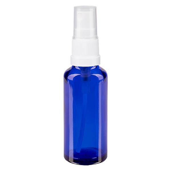 Frasco de vidrio azul de 30 ml con atomizador blanco