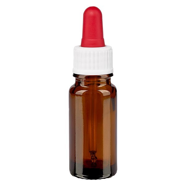 Frasco con pipeta cuentagotas ámbar, 10 ml, pipeta blanca/roja, estándar