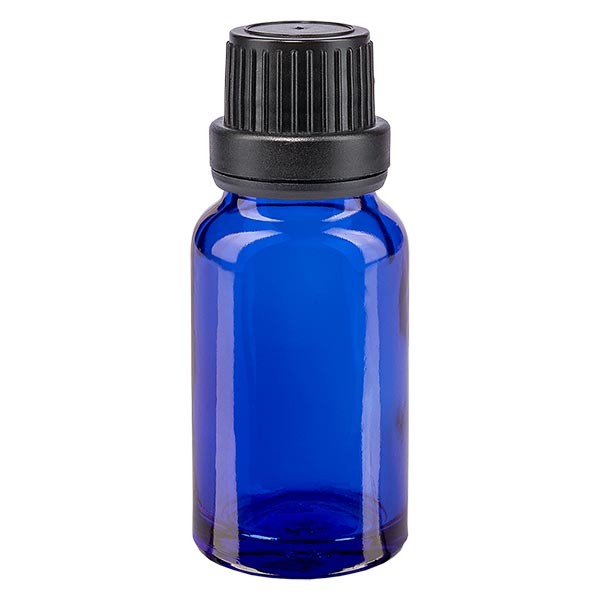 Frasco de farmacia azul, 10 ml, tapón de rosca negro, junta de estanqueidad, con precinto de originalidad