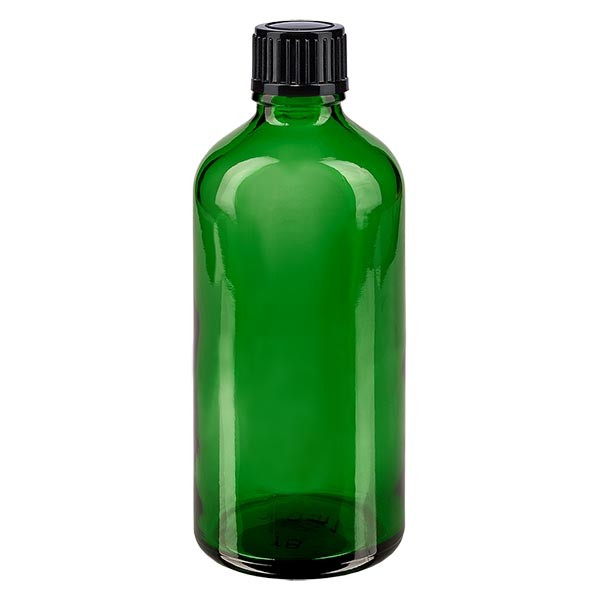 Frasco de farmacia verde, 100 ml, tapón de rosca negro, estándar