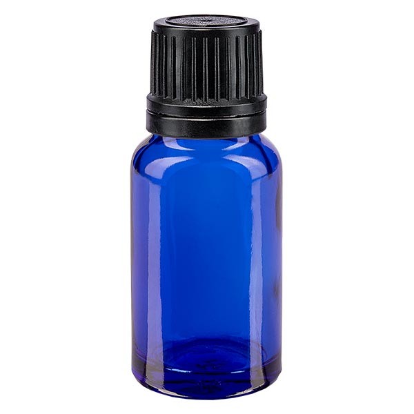 Frasco de farmacia azul, 10 ml, tapón de rosca negro, con anillo de vertido y precinto de originalidad