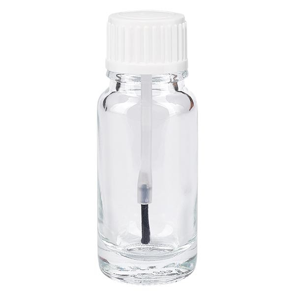 Frasco de farmacia transparente, 10 ml, tapón de rosca blanco, con pincel y precinto de originalidad