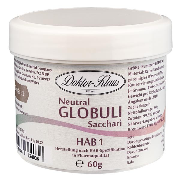 Glóbulos neutrales, 60 g, HAB1, 100 % sacarosa pura