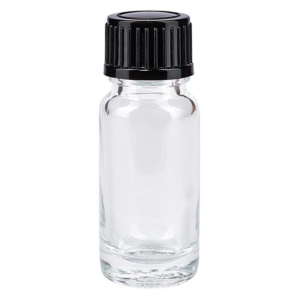 Frasco de farmacia transparente, 10 ml, tapón de rosca negro, estándar