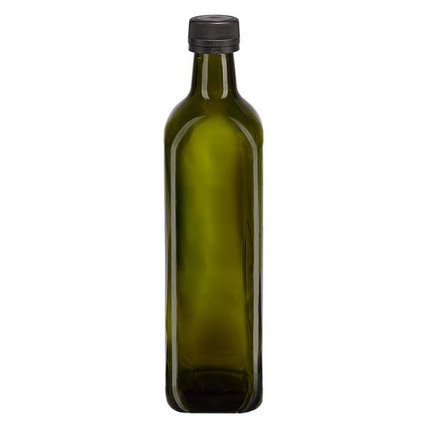 Botella de aceite, 750 ml, cuadrada, verde, incluye tapón de rosca negro (PP, 31,5 mm) con anillo de vertido con precinto de originalidad