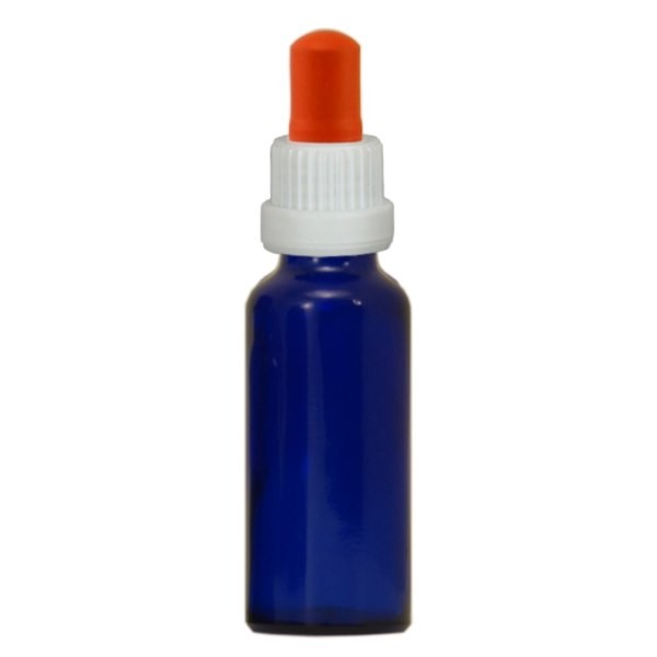 Frasco con pipeta cuentagotas azul, 30 ml, pipeta blanca/roja, precinto de originalidad