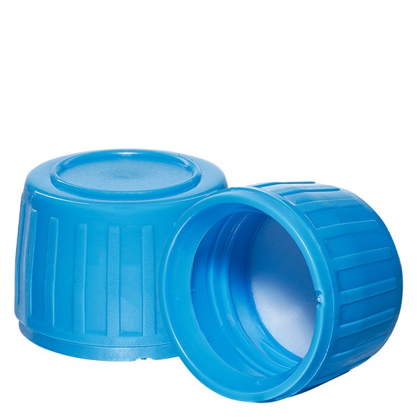 Tapón de rosca azul, 28 mm, para frascos de medicina (precinto de originalidad) con disco de sellado de PEE