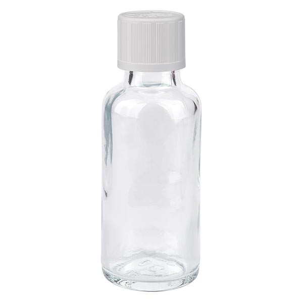 Frasco de farmacia transparente, 30 ml, tapón de rosca blanco, con seguro para niños, estándar