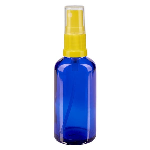 Frasco de vidrio azul de 50 ml con atomizador amarillo