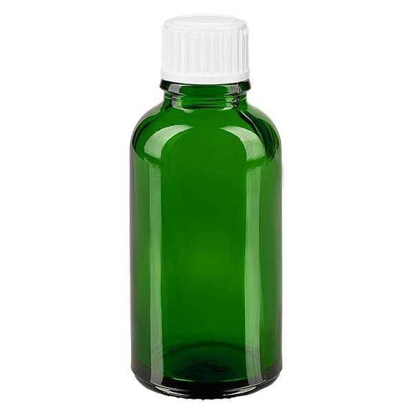Frasco de farmacia verde, 30 ml, tapón cuentagotas blanco, 0,8 mm, estándar