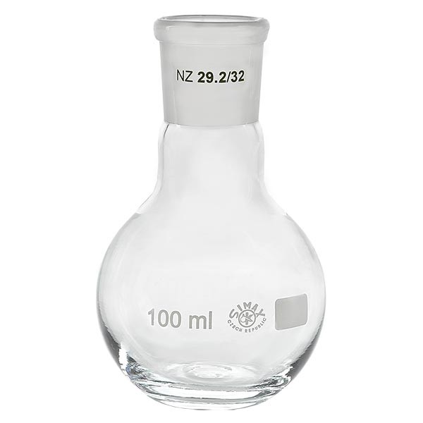 Matraz con fondo plano de 100 ml de cuello ancho, borosilicato, con esmerilado normalizado 29/32