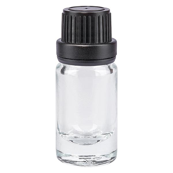 Frasco de farmacia transparente, 5 ml, tapón cuentagotas negro premium, 2 mm, con precinto de originalidad