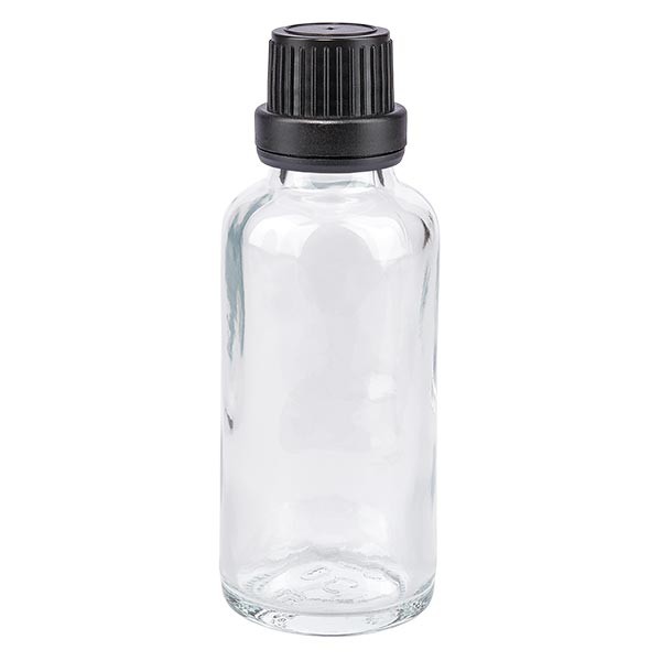 Frasco de farmacia transparente, 30 ml, tapón cuentagotas premium negro, 2 mm, con precinto de originalidad