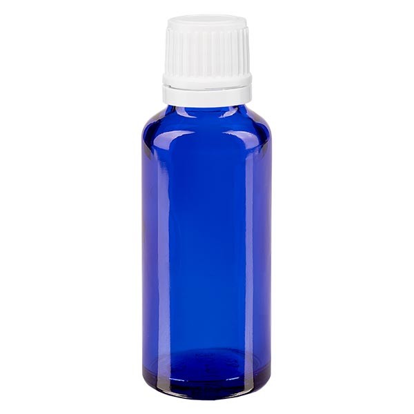 Frasco de farmacia azul, 30 ml, tapón cuentagotas blanco, 1,2 mm, con precinto de originalidad