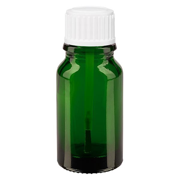 Frasco de farmacia verde, 10 ml, tapón de rosca blanco, con pincel y precinto de originalidad