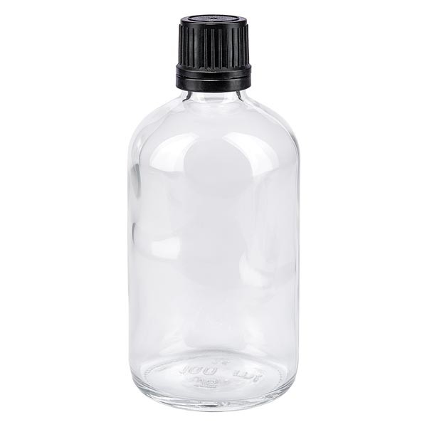 Frasco de farmacia transparente, 100 ml, tapón cuentagotas negro premium, 1 mm, con precinto de originalidad