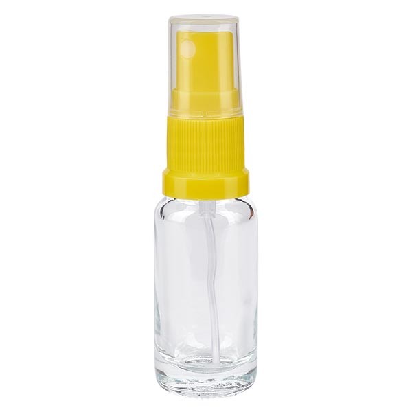 Frasco de vidrio transparente de 10 ml con atomizador amarillo