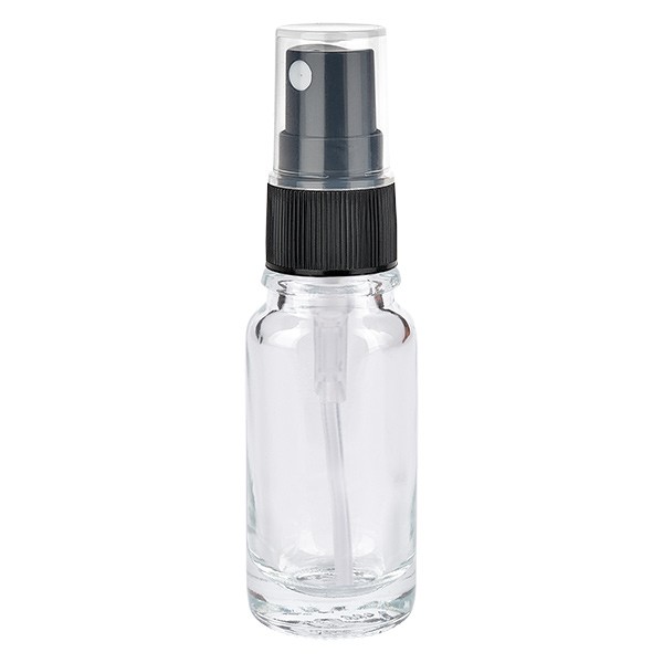 Frasco de vidrio transparente de 10 ml con atomizador negro