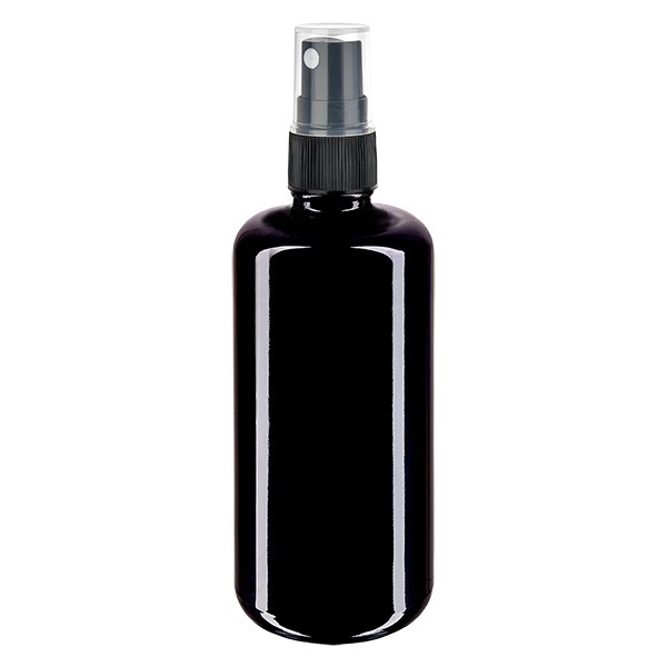 Frasco de vidrio violeta de 100 ml con atomizador negro