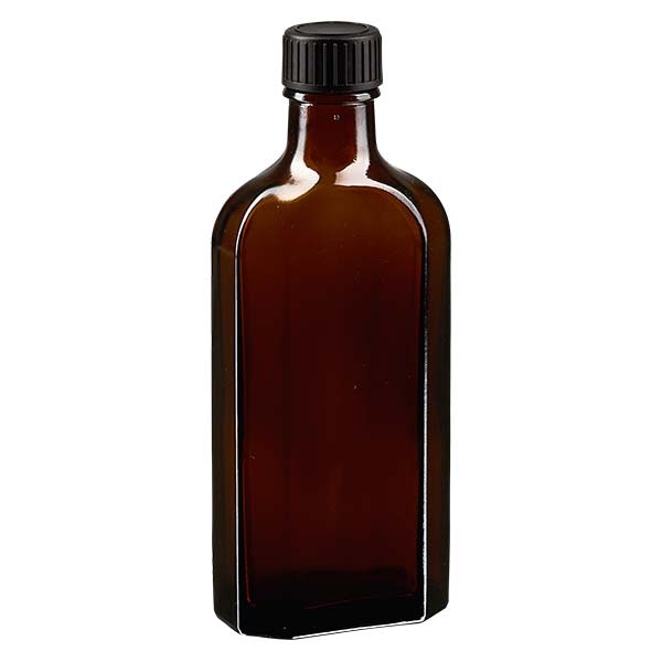Botella meplat ámbar de 150 ml con boca DIN 22, con tapón de rosca DIN 22 negro de LKD
