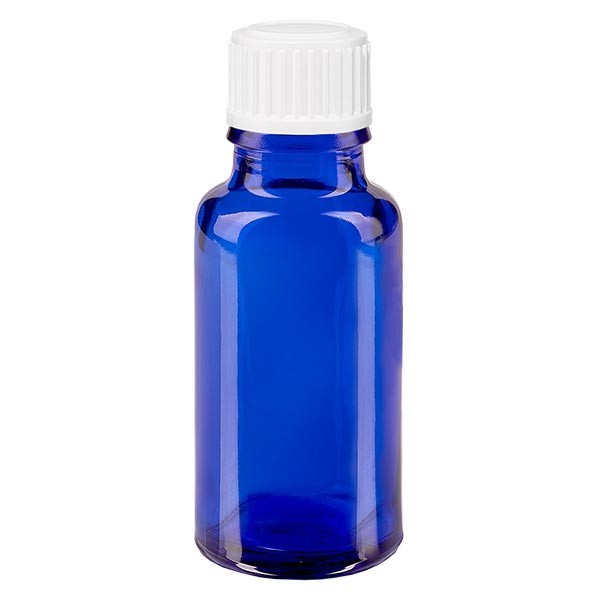 Frasco de farmacia azul, 20 ml, tapón cuentagotas blanco, 0,8 mm, estándar