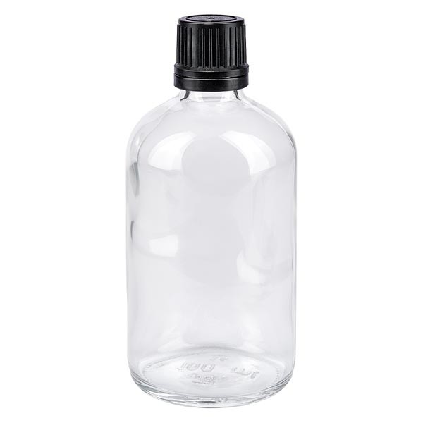 Frasco de farmacia transparente, 100 ml, tapón de rosca negro, anillo de vertido, precinto de originalidad