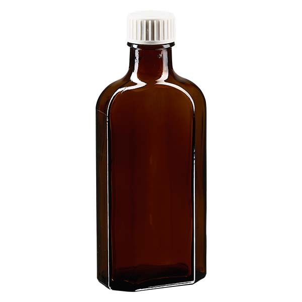 Botella meplat ámbar de 125 ml con boca DIN 22, con tapón de rosca DIN 22 blanco de PP con
