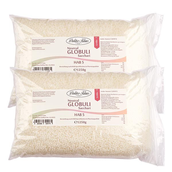 Glóbulos neutrales, 2,5 kg, HAB5, 100 % sacarosa pura (2 x 1,25 kg)