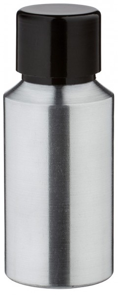 Frasco de aluminio de 30 ml pulido con tapón de rosca negro con junta cónica