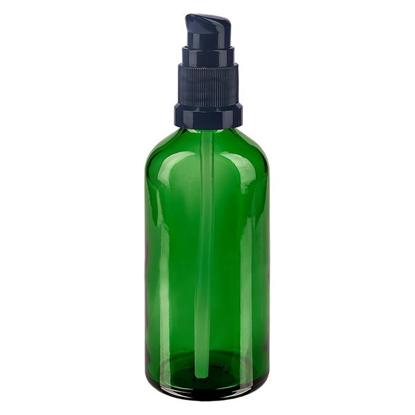 Frasco de vidrio verde de 100 ml con tapón con dosificador negro