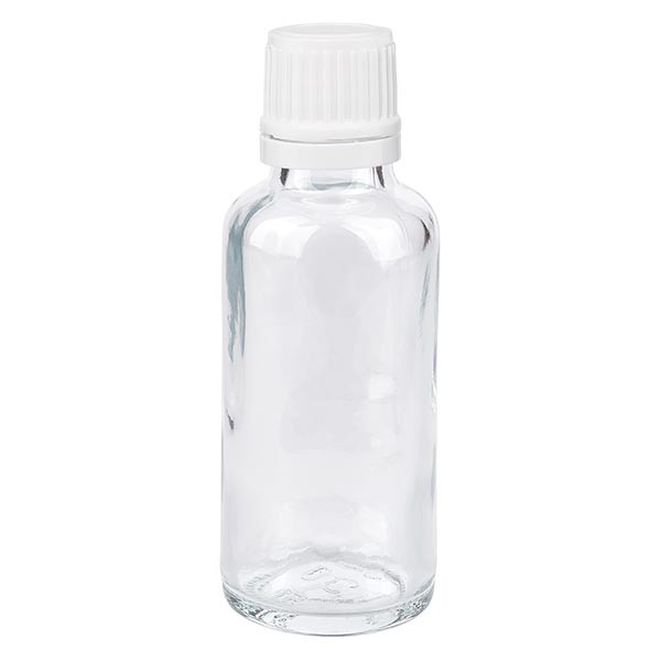 Frasco de farmacia transparente, 30 ml, tapón cuentagotas blanco, 1,2 mm, con precinto de originalidad