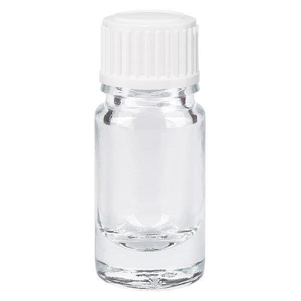 Frasco de farmacia transparente, 5 ml, tapón de rosca blanco. glóbulos, estándar