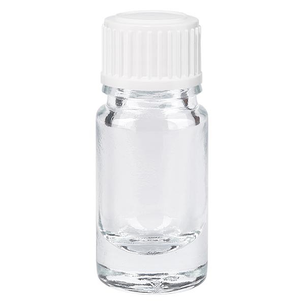 Frasco de farmacia transparente, 5 ml, tapón de rosca blanco. glóbulos, estándar