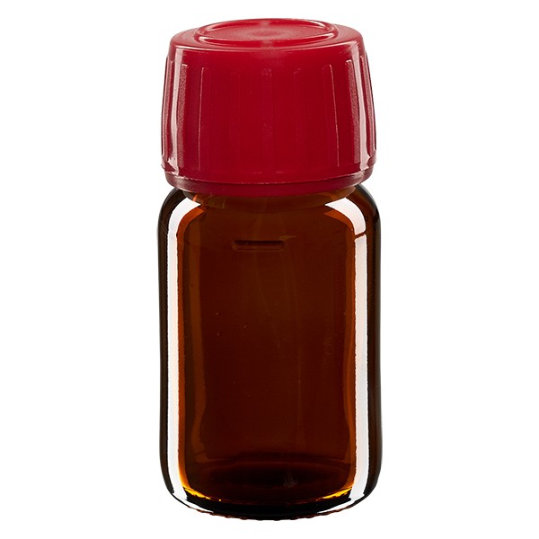 Frasco de medicina según norma europea de 30 ml, ámbar, con tapón rojo y precinto de originalidad