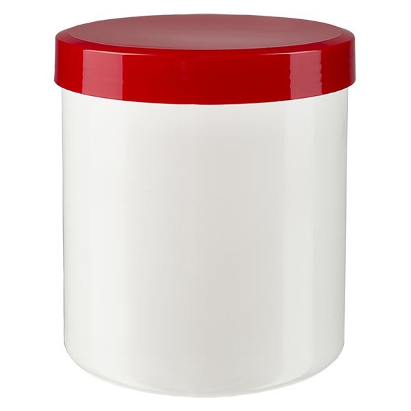 Bote para pomada de 10 g, blanco, con tapa de rosca de color rojo (PP)