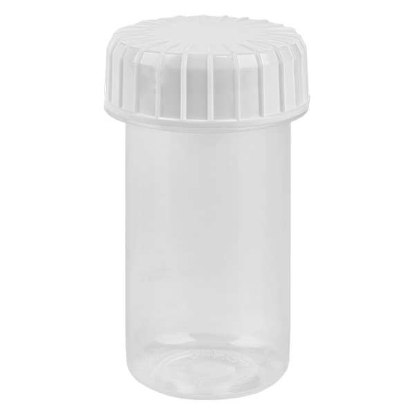 Bote de plástico, 20 ml, transparente, con tapa de rosca blanca estriada de PE, tipo de cierre estándar