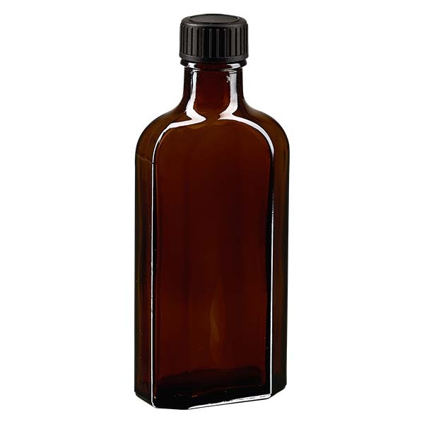 Botella meplat ámbar de 125 ml con boca DIN 22, con tapón de rosca DIN 22 negro de LKD