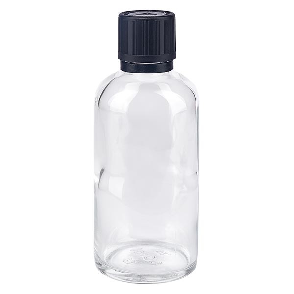 Frasco de farmacia transparente, 50 ml, tapón cuentagotas premium negro, 1 mm, con seguro para niños, señalización táctil para ciegos y precinto de originalidad