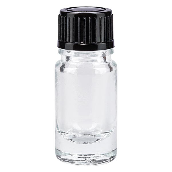 Frasco de farmacia transparente, 5 ml, tapón de rosca negro, estándar