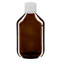 Frasco de medicina según norma europea de 300 ml, ámbar, con tapón blanco Frasco de medicina según norma europea de 300 ml, ámbar, con tapón blanco