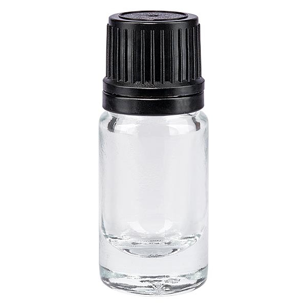 Frasco de farmacia transparente, 5 ml, tapón cuentagotas negro premium, 1 mm, con precinto de originalidad
