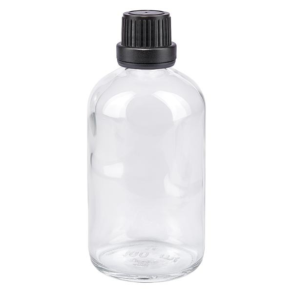 Frasco de farmacia, transparente, 100 ml, tapón de rosca negro, junta, precinto de originalidad