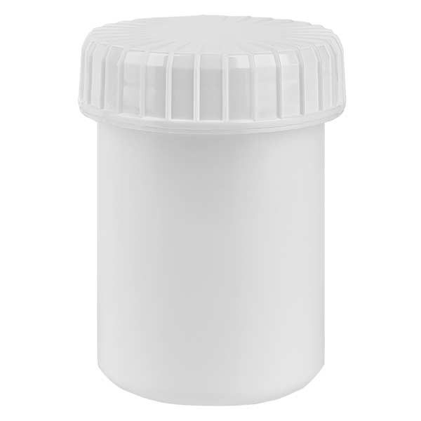 Bote de plástico, 40 ml, blanco, con tapa de rosca blanca estriada de PE, tipo de cierre estándar